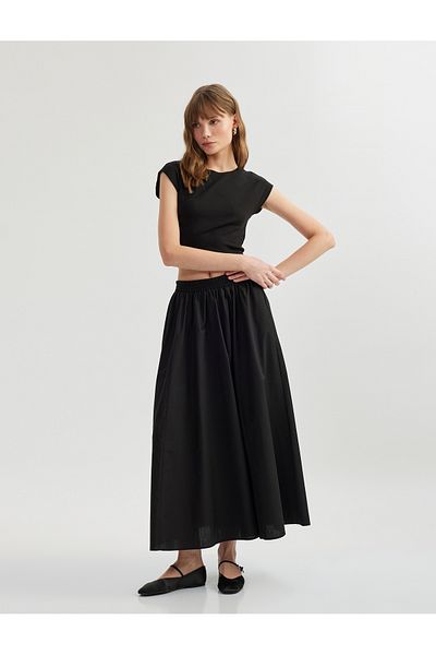 Koton New Season Cotton Poplin Fabric Long Flared Skirt with Elastic Detail and Pockets