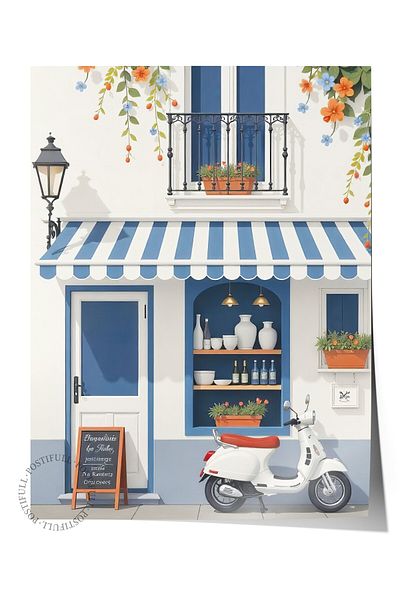 Postifull Frameless Wall Poster, Intimate Cafe, Illustration, White Color Poster, 2025 Summer Selection, No:109482