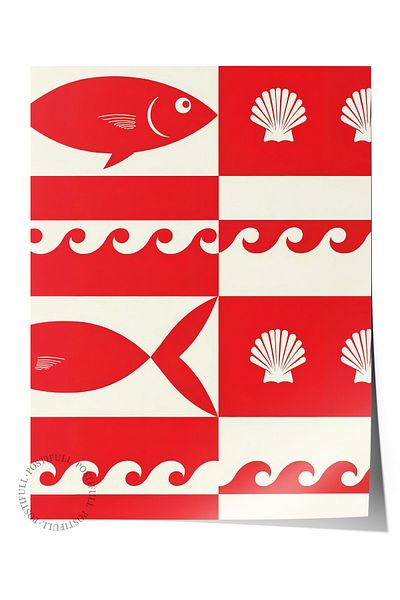 Postifull Frameless Wall Poster, Fish and Shells, Illustration, Red Color Poster, 2025 Summer Selection,