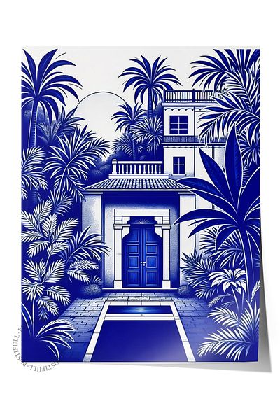 Postifull Frameless Wall Poster, Blue Palm Trees, Illustration, Blue Color Poster, 2025 Summer Selection, N
