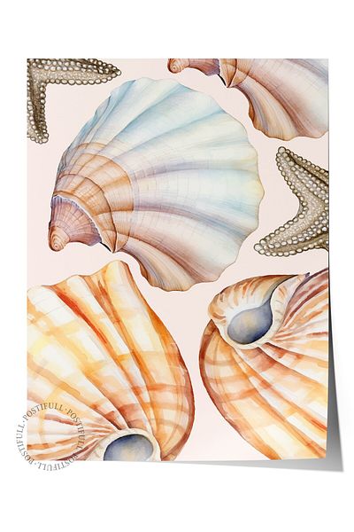 Postifull Poster de perete fără încadrare, scoici, stea de mare, acuarelă, bej, poster de culoare în tonuri pastel,