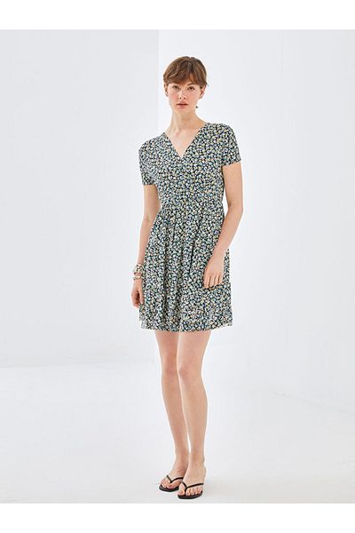 LC Waikiki Double Breasted Collar Floral Short Sleeve Women's Dress