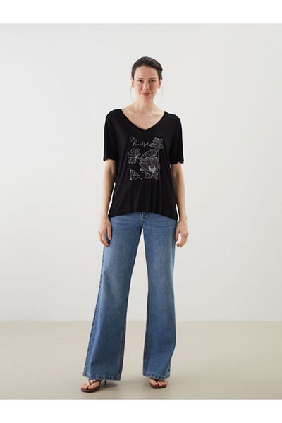 LC Waikiki Tricou cu flori pentru femei cu decolteu în V de sezon nou - S5KR11Z8