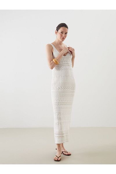 LC Waikiki Γυναικείο πλεκτό φόρεμα LCW V-Neck Openwork