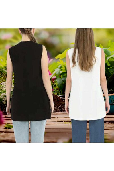 Puane Women's Black + Ecru Colors Set of 2 Sleeveless Front Chiffon Detailed Tunic/Underwear