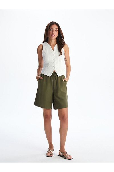 LC Waikiki Khaki Women's Shorts with Elastic Waist and Linen Blend