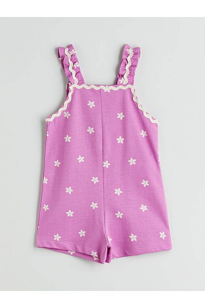 LC Waikiki Purple Square Collar Floral Girl's Jumpsuit
