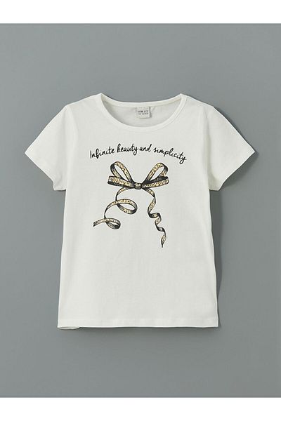 LC Waikiki New Season Crew Neck Bow Printed Girls' T-Shirt - S5J399Z4