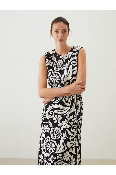 LC Waikiki Black Crew Neck Floral Linen Blend Dress