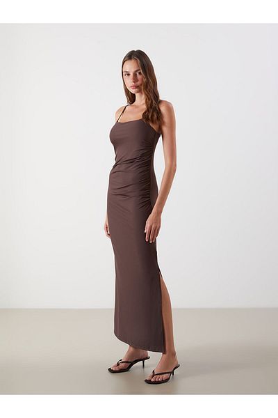 LC Waikiki Brown Square Neck Strap Gathered Dress