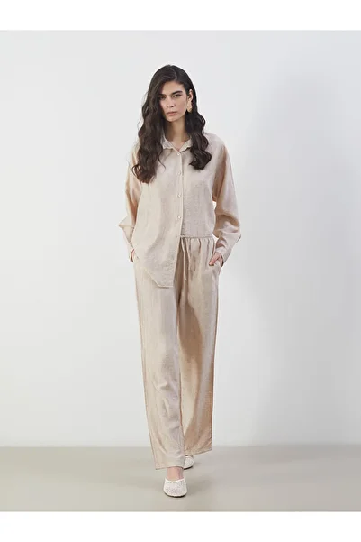 LC Waikiki Beige Elastic Waist Linen Look Women's Trousers