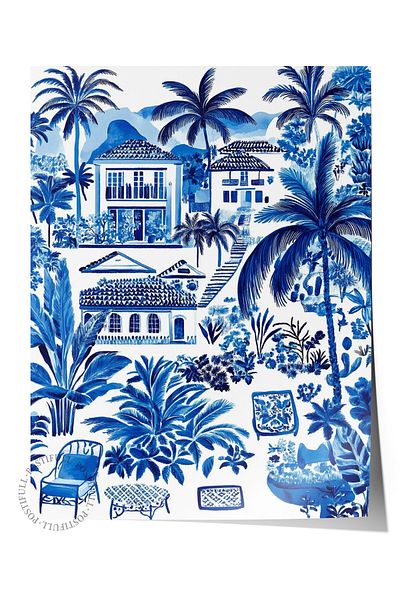 Postifull Frameless Wall Poster, Home, Palm Trees, Plants, Watercolor, Illustration, Blue, White Color P