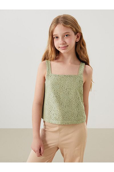 LC Waikiki Green Square Collar Openwork Girl's Crop Undershirt