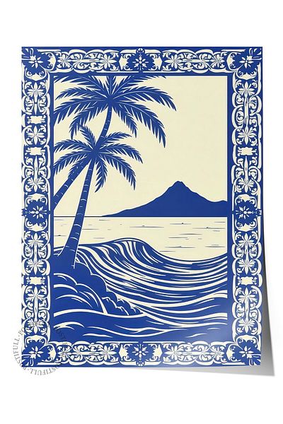 Postifull Frameless Wall Poster, Seascape, Illustration, Blue Color Poster, 2025 Summer Selection, No:1096