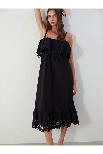 LC Waikiki Black Openwork Strap Waist Seated Poplin Dress