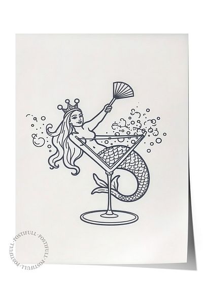 Postifull Frameless Wall Poster, Mermaid Cocktail, Illustration, Black & White Color Poster, 2025 Summer Selection
