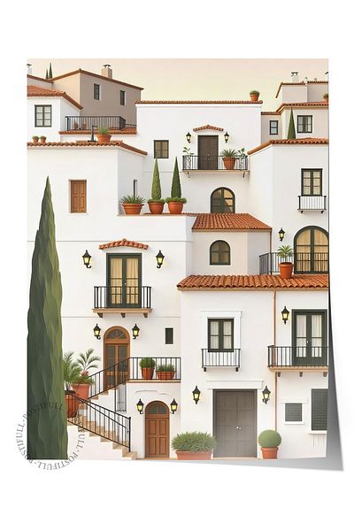 Postifull Frameless Wall Poster, White Houses, Illustration, White Color Poster, Summer Selection 2025, No:109709