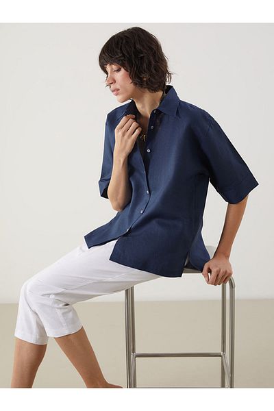 LC Waikiki Indigo Oversize 100% Linen Women's Shirt