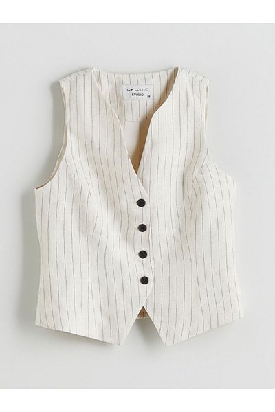 LC Waikiki V-Neck Striped Linen Blend Women's Classic Vest
