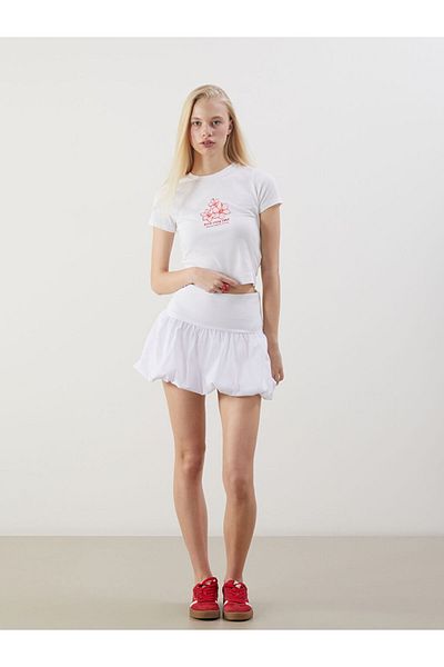 LC Waikiki Xside White Crew Neck Printed Crop