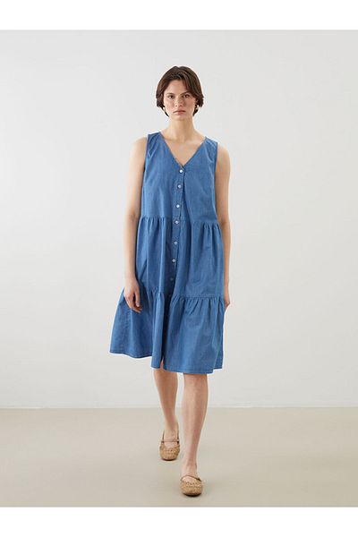 LC Waikiki Indigo V-Neck Folded Jean Dress