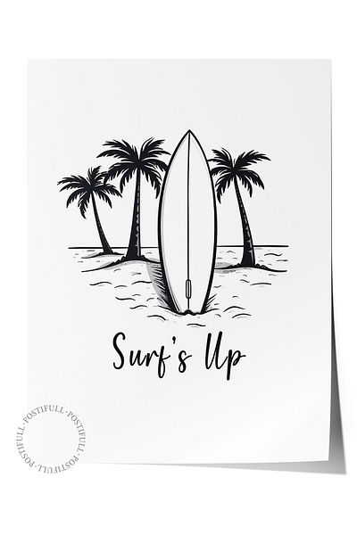 Postifull Unframed Wall Poster, Surf Time, Illustration, Black & White Color Poster, 2025 Summer Selection, No