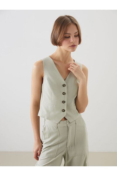 LC Waikiki New Season V-Neck Linen Blend Women's Classic Vest - S5Gu00Z8