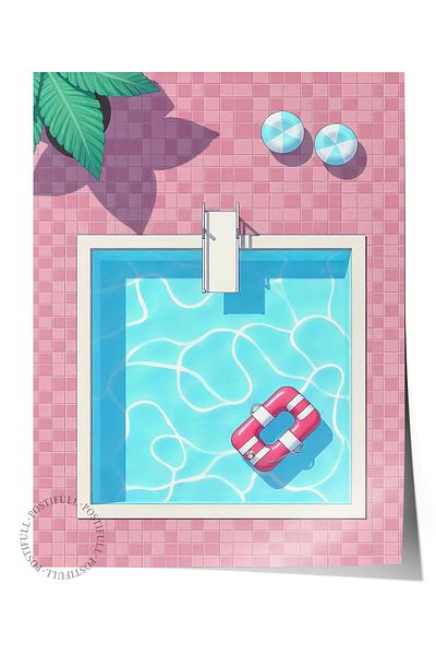 Postifull Poster de perete fără încadrare, piscină, ilustrație, poster de culoare roz, selecție de vară 2025, NR:109590