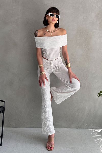 Rabi Shine Gofre Fabric Madonna Collar Pants Suit