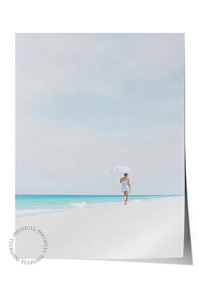 Postifull Frameless Wall Poster, Woman on the Beach, Illustration, Blue Color Poster, 2025 Summer Selection, No:10968