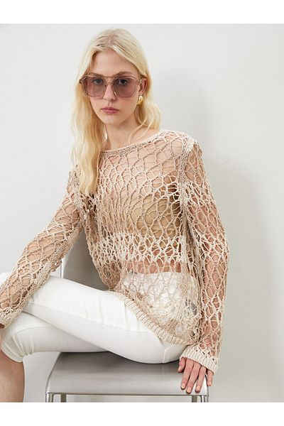 LC Waikiki Beige Crew Neck Openwork Women's Knitwear Sweater