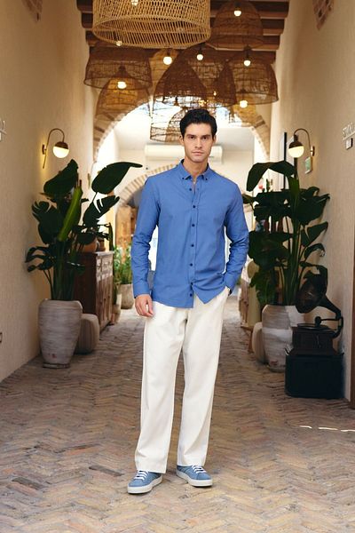 Livio Ferri Turi Men's Cotton Shirt Modern Slim Fit Linen Look Long Sleeve