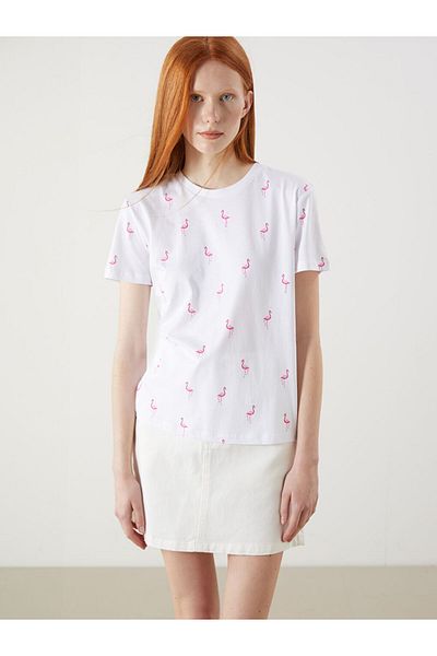 LC Waikiki Tricou XSIDE alb pentru femei cu imprimeu flamingo