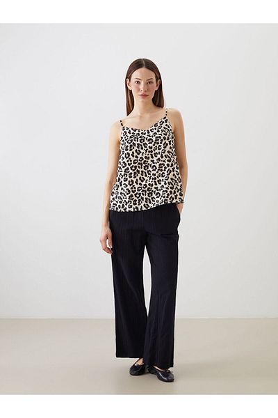 LC Waikiki Beige V-Neck Leopard Patterned Strap Blouse