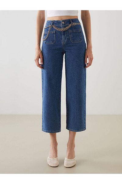 LC Waikiki Wideleg Women's Jeans Trousers with Belt on the Waist