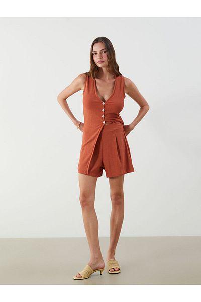 LC Waikiki Brown Pleated Women's Shorts with Elastic Waist