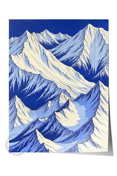 Postifull Frameless Wall Poster, Glowing Mountains, Illustration, Blue Color Poster, 2025 Summer Selection, No:1097