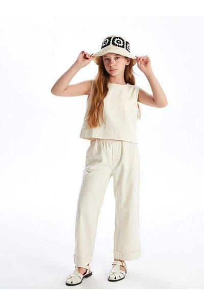 LC Waikiki Beige Crew Neck Girl's Crop Blouse