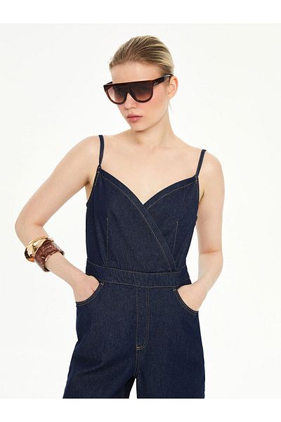LC Waikiki Double Breasted Collar Strap Women's Jean Jumpsuit