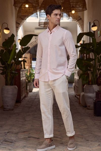 Livio Ferri Turi Men's Cotton Shirt Modern Slim Fit Linen Look Long Sleeve