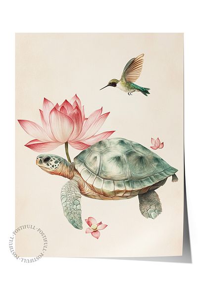 Postifull Frameless Wall Poster, Turtle, Hummingbird, Lotus, Illustration, Pastel Tones Color Poster, 20