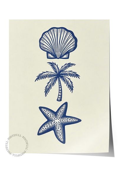 Postifull Frameless Wall Poster, Seashell, Illustration, Blue Color Poster, 2025 Summer Selection, No:109570