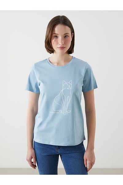 LC Waikiki Tricou pentru femei din bumbac pieptănat imprimat cu decolteu Crew New Season - S5JD43Z8