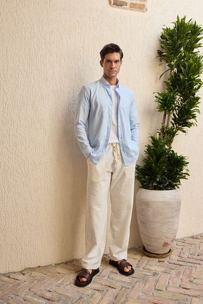 Livio Ferri Turi Men's Cotton Shirt Modern Slim Fit Linen Look Long Sleeve
