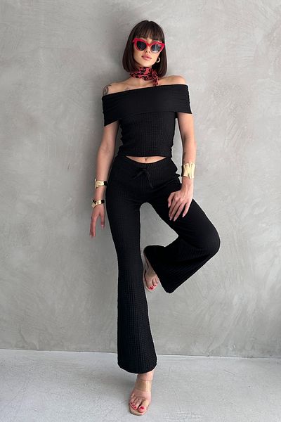 Rabi Shine Gofre Fabric Madonna Collar Pants Suit