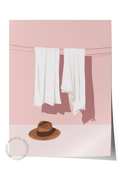 Postifull Frameless Wall Poster, Hat, Towel, Minimalist, Flat Illustration, Pastel Tones, White Color Post