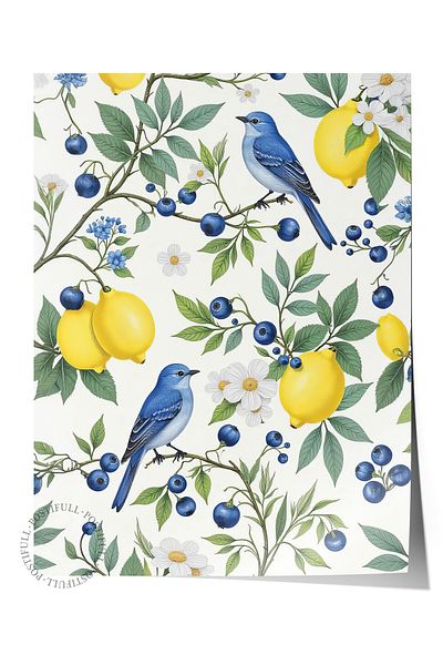 Postifull Frameless Wall Poster, Lemons with Birds, Illustration, Yellow Color Poster, 2025 Summer Selection, No:10954