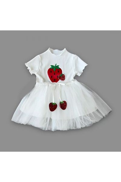 ALFA AKSESUAR 03 1-2-3 Years Old Sequined Strawberry Printed Strawberry Belted Baby Girl Dress White