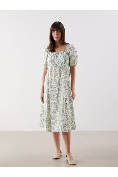 LC Waikiki Green Square Neck Floral Balloon Sleeve Women's Dress