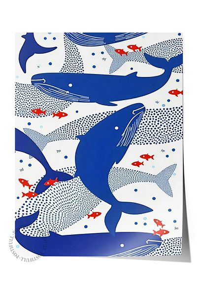 Postifull Frameless Wall Poster, Whale, Illustration, Blue Color Poster, 2025 Summer Selection, No:109621